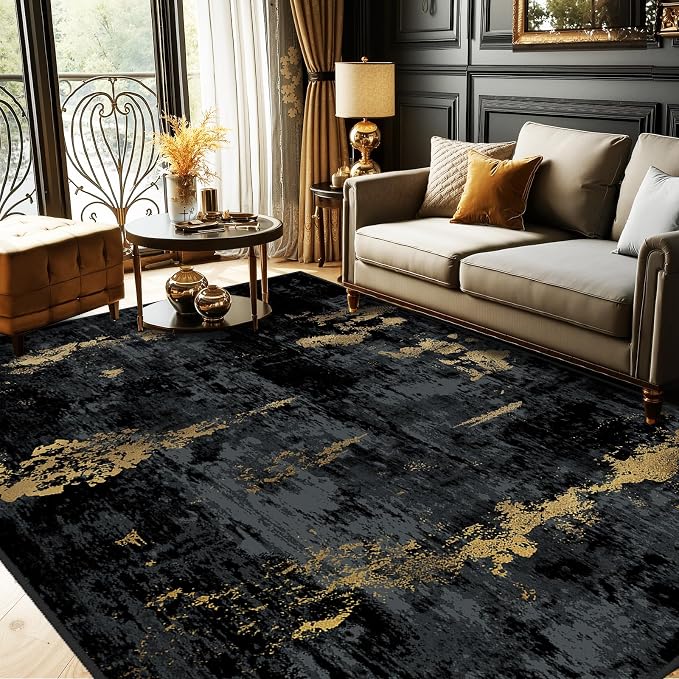 RELEANY Washable 10'x12' Abstract Area Rug for Living Room Black Gold | Carpet for Bedroom, Kitchen, Office, Hallway and Entryway, Printed Pattern, Non‑Slip, Soft, Stain‑Resistant, Easy to Clean
