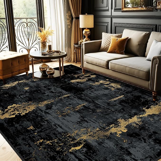 RELEANY Washable 7'x9' Abstract Area Rug for Living Room Black Gold | Carpet for Bedroom, Kitchen, Office, Hallway and Entryway, Printed Pattern, Non‑Slip, Soft, Stain‑Resistant, Easy to Clean