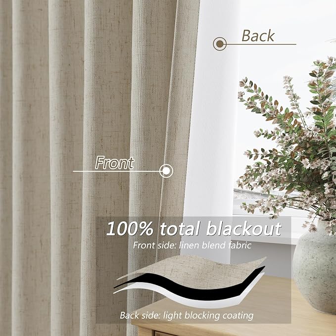 100% Blackout Linen Curtains for Bedroom 90 inches Long, Thermal Insulated Room Darkening Black Out Window Drapes for Living Room, Back Tab Rod Pocket 2 Panels Set,Grey Flax,52x90