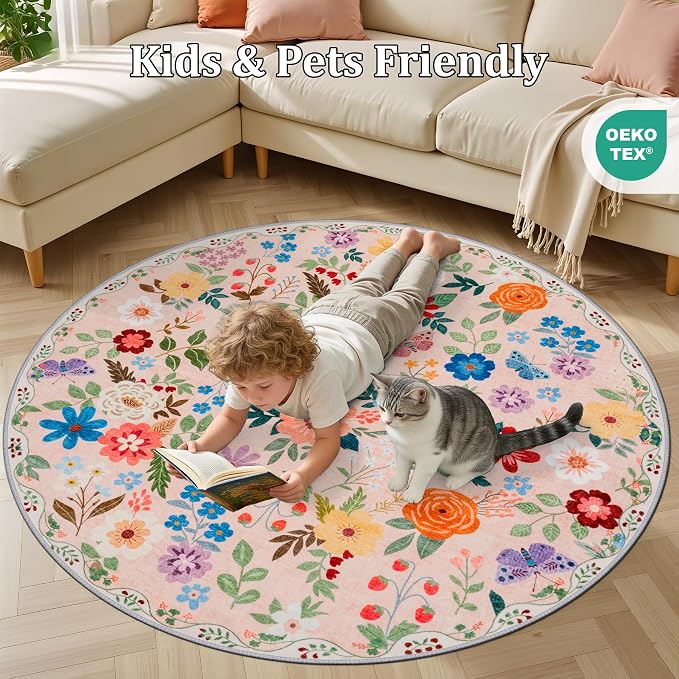 PLHXFR Round Area Rug Living Room: 6 ft Floral Washable Soft Carpet Beige | For Bedroom Dining Room Farmhouse Nursery Hallway,Vintage Floral,Machine washable,Non Slip,Stain Resistant,Large Indoor