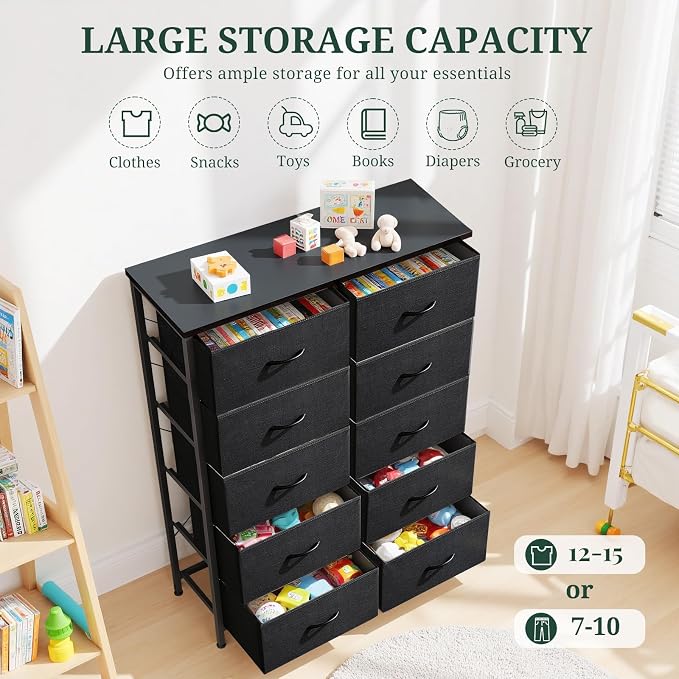 10-Drawer Dresser for Bedroom, Anti-Tip Tall Storage Organizer | Chest of Drawers with Wooden Top and Metal Frame Fabric Bins for Closet, Living Room, Hallway, Entryway, Black