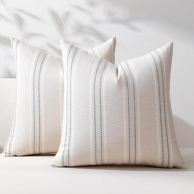 Hckot Grey Decorative Throw Pillow Covers 24x24 Set of 2 Boho Pillow Covers | Striped Farmhouse Pillows Textured Linen Square Cushion Covers for Sofa Couch Bed Living Room Decor(Light Grey)