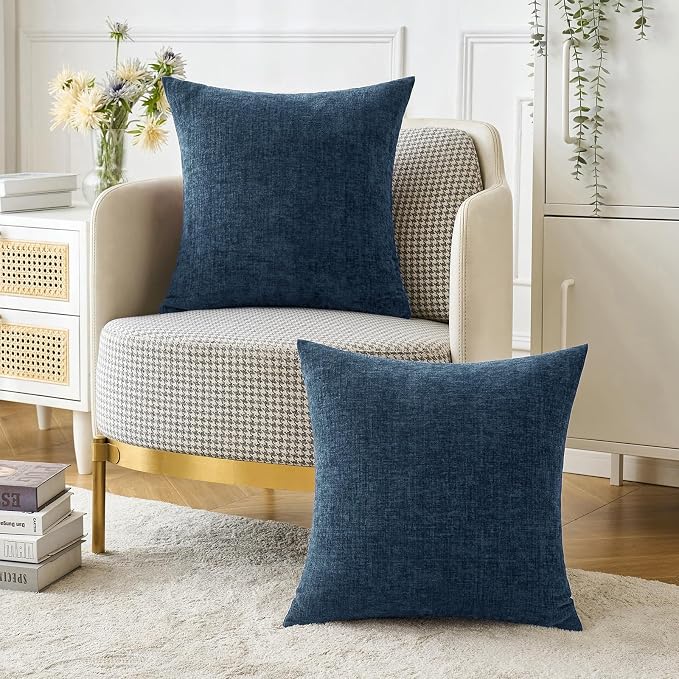 MIULEE Soft Chenille Throw Pillow Covers Blue 20x20 Inch Pack of 2 | Modern Coastal Home Decor, Classic Decorative Pillows, Solid Dyed Cases, Boho Couch Cushion Covers for Sofa Bed Living Room