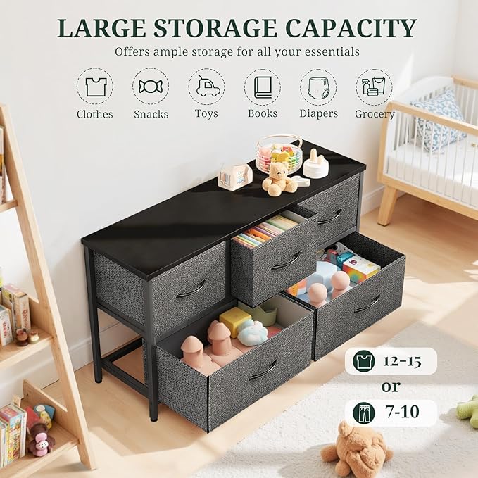 5-Drawer Dresser for Bedroom, Anti-Tip Wide Storage Organizer Fabric | Chest of Drawers TV Stand for 45" TV with Wooden Top and Metal Frame for Closet, Living Room, Hallway, Entryway, Gray