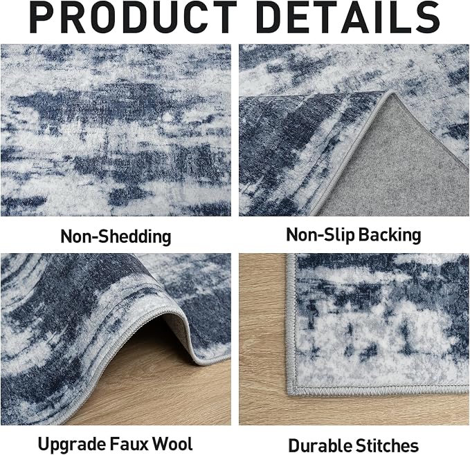 10x14 Area Rugs for Living Room: Washable Abstract Blue Grey Badroom Carpet | Non-slip TPE backing makes this washable soft low-pile rug safe & durable, Pet-friendly decor for dining room,nursery,office