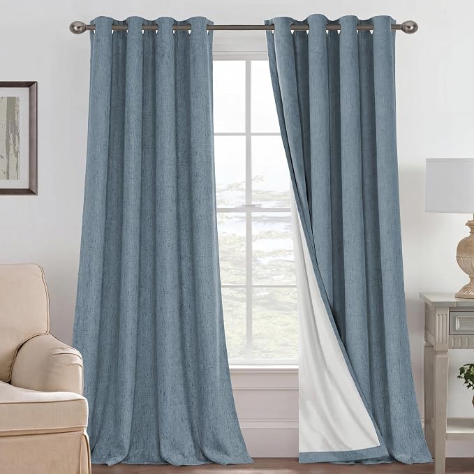 H.VERSAILTEX Blackout Curtains Linen Curtains 120 inches Long 100% Black Out Curtains for Bedroom Windows, Textured Linen Look Draperies Grommet with White Liner, 2 Panels, Stone Blue