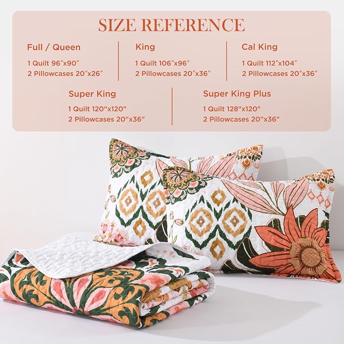 Andency Quilt Queen Size, Pink Floral Boho Summer Bedspread 3 Pieces | Blush Flower Botanical Summer Bedspreads with 2 Shams, Reversible Polyester Coverlet Set for All Seasons, 96"x90"