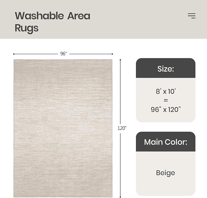 8x10 Area Rugs for Living Room, Large Washable Rug Non Slip, Beige | Soft Low Pile, Thin & Lighweight Carpet, Folable Stain Resistant Modern Indoor Floor Mat for Bedroom, Dining Room, Home Decor