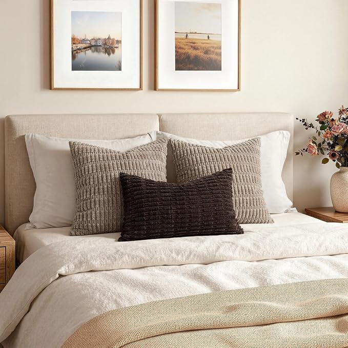MIULEE Lumbar Corduroy Decorative Throw Pillow Covers 12x20 Dark Brown | Pack of 2 Soft Boho Striped Pillow Covers Modern Farmhouse Fall Home Decor For Sofa Living Room Couch Bed
