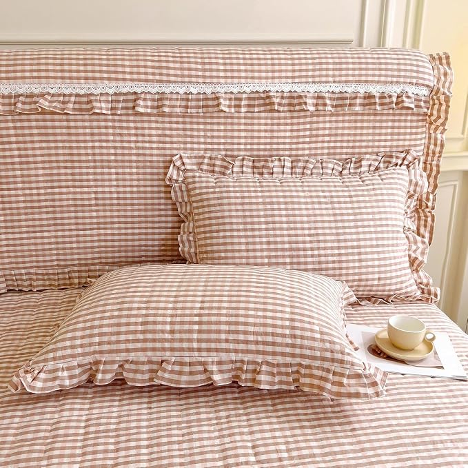 LifeTB Queen Comforter Set Pink Gingham Comforter Vintage Ruffle Blush Plaid Comforter Set 3 Pieces Checkered Grid Bed Comforter with 2 Pillowcases Fluffy Soft Gingham Bedding Set Queen Size