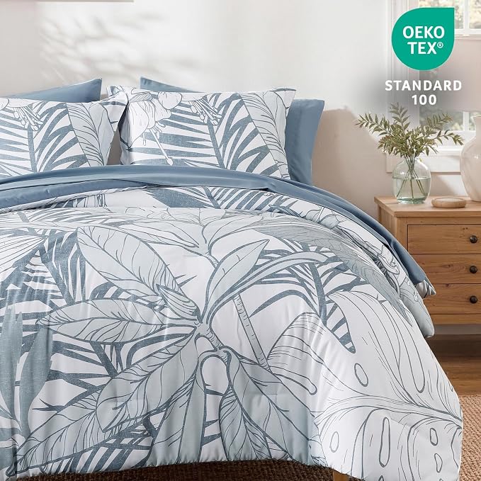 Queen Comforter Set - 7 Pieces Blue Jungle Bed in a Bag Queen Bedding Sets | All Season Botanical Tropical Palm Leaf Comforter Set with Sheets, Pillowcases & Shams