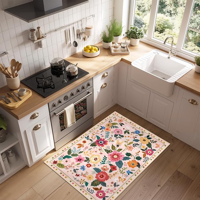 RELEANY Floral Washable 2x3 Area Rugs Doormat Pink | Flower Carpet, Print, Boho, Non-Slip, Easy to Clean, Soft, Low Pile for Living Room Bedroom Kitchen Office Entryway Hallway