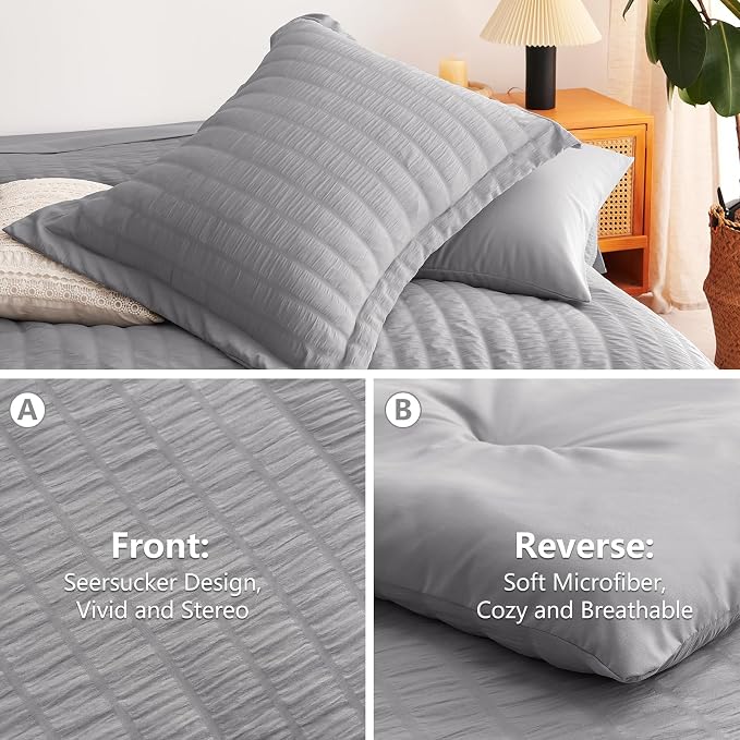 Queen Comforter Set, 7 Pieces Grey Seersucker Bed in a Bag | OEKO-TEX Certified, All Season Bedding Set with 240 GSM Down Alternative Comforter, Flat & Fitted Sheets, Pillowcases & Shams