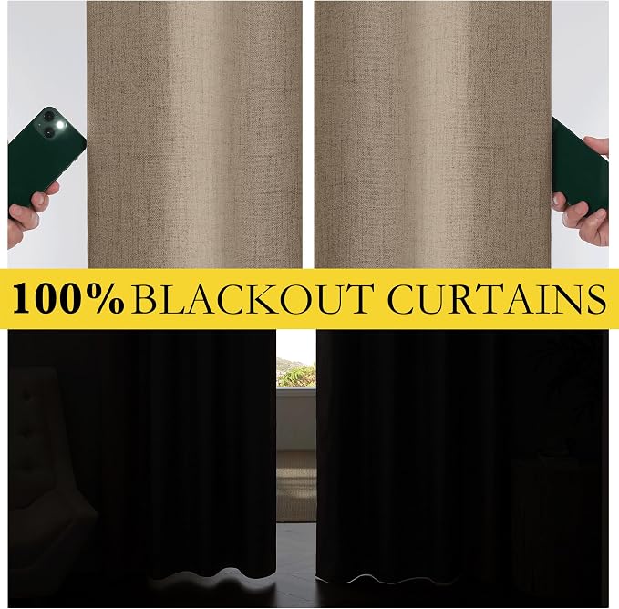 NICETOWN 100% Blackout Linen Curtains 84 inches Long 2 Panels, Burlap | Farmhouse Style, Thermal Insulated, Privacy Window Draperies for Flat Bedroom, Living Room, W42" x L84" per Panel