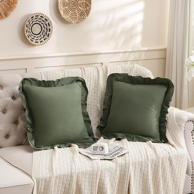 Merryword Olive Green Pillowcases 18x18 Cute Throw Pillow Covers Pack of 2 Ruffle Pillowcase Cushion for Couch Sofa Bedroom