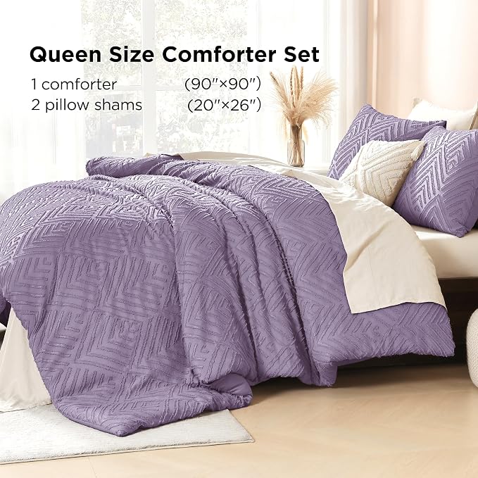 Litanika Queen Size Comforter Set, 3 Pieces Tufted Boho Bedding Set | Grayish Purple Farmhouse Shabby Chic Vintage Bohemian Textured Aesthetic Soft Fluffy Breathable All Season Bed Set