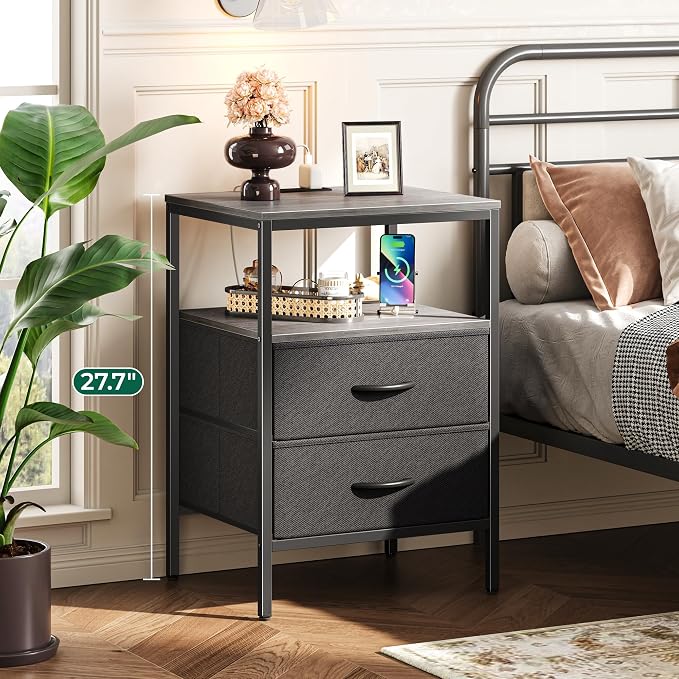 Huuger Night Stand with Charger Station, 27.7 Inch Tall Nightstand | Bed Side Table with 2 Fabric Drawers, Side Table for Bedroom, End Table for Living Room, Couch, Grey