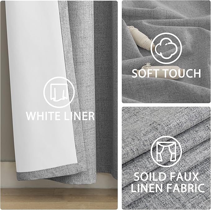 Yakamok Dove Grey Linen Textured Curtains 96 Inches Long for Living Room | 100% Blackout Curtains,Room Darkening Curtains,Thermal Grommet Bedroom Curtain 2 Panels with Greyish White Liner,52W x 96L
