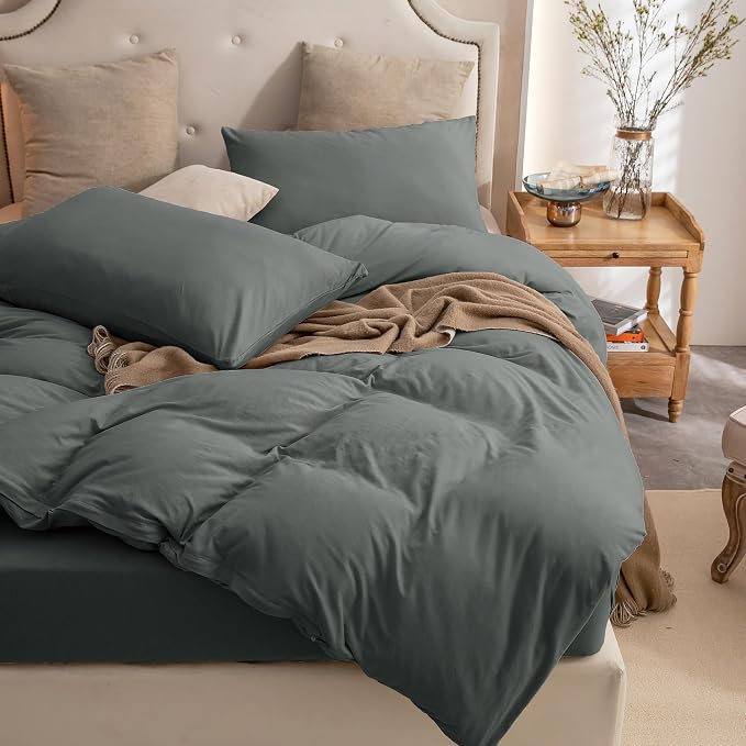 PURE ERA Jersey Knit Sheet Set Solid Dark Greenish Gray California King | 100% Cotton, 3 Piece Set, T Shirt Soft, Breathable, Envelope Closure Pillowcases, Hidden Zipper, 8 Ties, No Insert, Modern