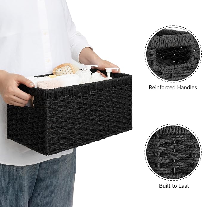 StorageWorks Wicker Storage Baskets for Organizing, Black Baskets, 2-Pack | Paper Rope Black Wicker Baskets, Wicker Storage Baskets for Shelves, Pantry Organizers and Storage, Black Woven Baskets