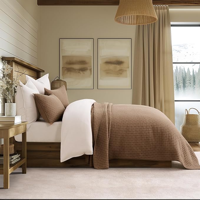 100% Cotton Cross Stitch 3-Piece Quilt Set, Queen, Camel Brown | 100% Cotton, Elegant Cross Stitch, Soft & Breathable, Prewashed Softness, Oversized Design, OEKO-TEX® Certified