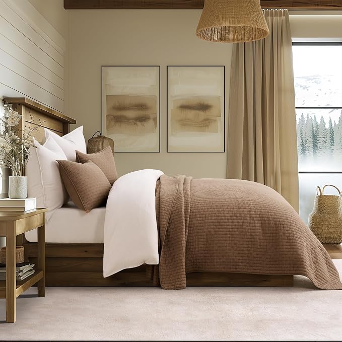 100% Cotton Cross Stitch 3-Piece Quilt Set, King, Camel Brown | 100% Cotton, Elegant Cross Stitch, Soft & Breathable, Prewashed Softness, Oversized Design, OEKO-TEX® Certified
