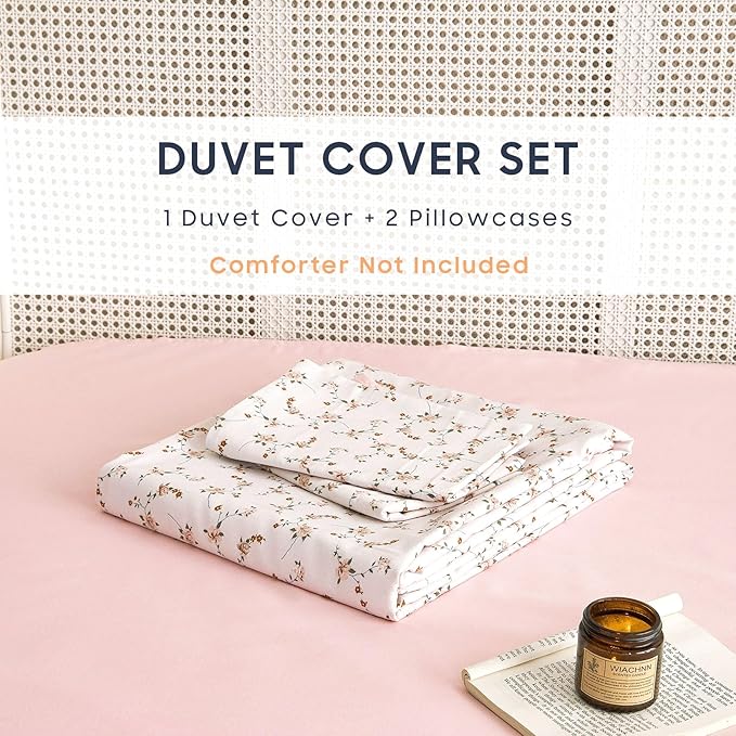 Wake In Cloud - Floral Duvet Cover Set, Coquette Cottagecore Aesthetic Cute Flower Pattern for Women Teen Girls, Soft Lightweight Bedding, 3-Piece, Pink, Full Size