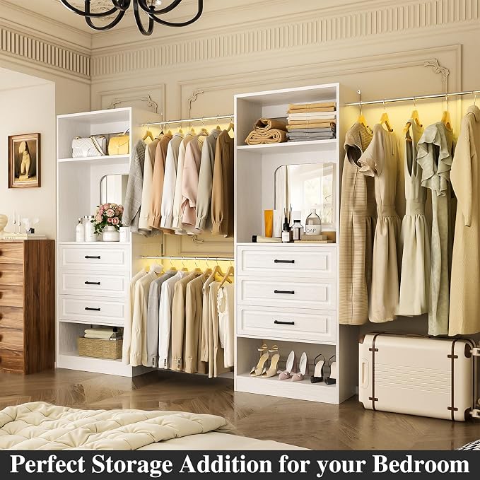 Unikito 6-14FT Wood Closet System with 6 Drawers and Mirror, White | Sturdy walk-in organizer wardrobe for clothing, clothes rack with 3 hanging rods, freestanding garment storage tower.