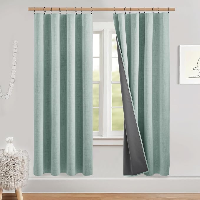 NICETOWN 100% Blackout Linen Curtains 72 inch Long 2 Panels, Seafoam Green | Thick Flax, Thermal Insulated, Classic Back Tab, Privacy Draperies for Light-Sensitive Sleepers, W52" x L72" per Panel