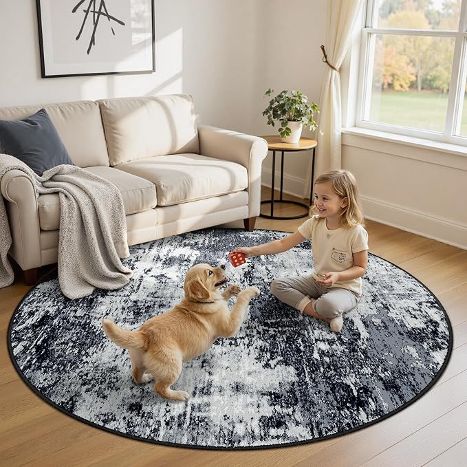 RELEANY Washable Round 8ft Area Rug for Living Room Black White | Carpet for Bedroom, Kitchen, Office, Hallway and Entryway, Printed Pattern, Non‑Slip, Soft, Stain‑Resistant, Easy to Clean