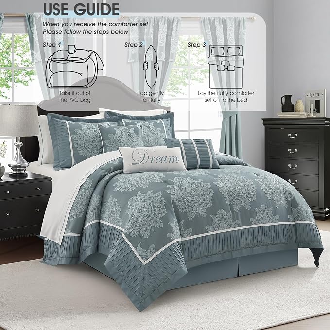 Blue California King Comforter Set, 15 Pieces, Damask Jacquard Woven, Bedding Set with Sheets, Room in a Bag, Comforter, Bed Skirt, Pillow Shams and Decor Pillows, Curtains