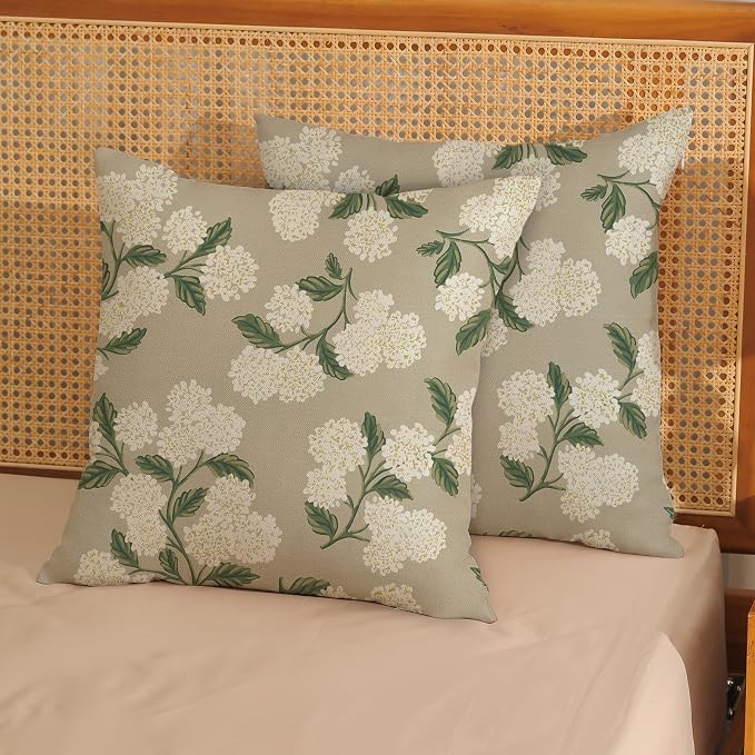 Beige Spring Pillow Covers 18x18 Inch 2 Pcs Khaki Green Hydrangea Flower Decor Throw Pillows Vintage Floral Seasonal Summer Outdoor Decoration Pillowcase Linen Cushion Cover for Couch Sofa