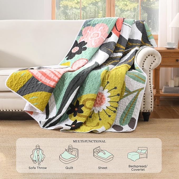 Andency Quilt Queen Size, Green Floral Boho Summer Bedspread 3 Pieces | White Flower Botanical Summer Bedspreads with 2 Shams, Reversible Polyester Coverlet Set for All Seasons, 96"x90"