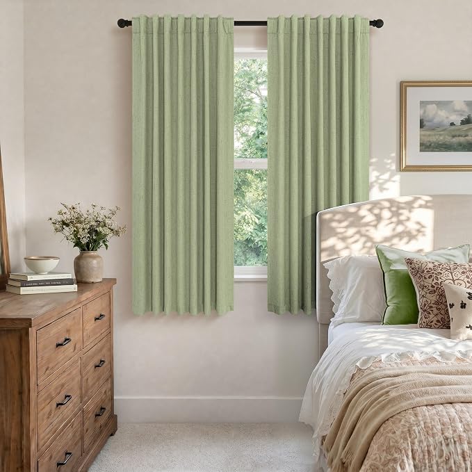 Light Sage Green Back Tab Blackout Curtains for Boys Room Girls 72 Inch Length 2 Panel Cotton Linen Look Window Treatments Thick Soundproof Curtains for Doors Living Room Darkening Drapes Cottagecore