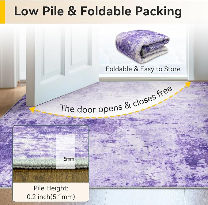 RELEANY Washable Round 4ft Area Rug for Living Room Purple | Carpet for Bedroom, Kitchen, Office, Hallway and Entryway, Printed Pattern, Non‑Slip, Soft, Stain‑Resistant, Easy to Clean