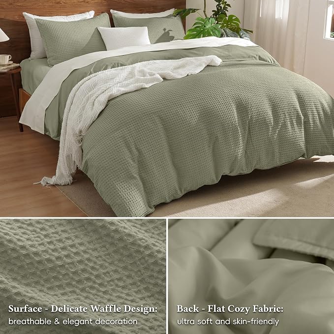 David's Home Textured Waffle Weave Duvet Cover Set, Queen Size, Dusty Sage | Breathable Cozy for All Season, 300GSM, 3PCS Home Bedding Decor, OEKO-TEX Certified, Hidden Zipper, 8 Corner Ties, 90" X 90"