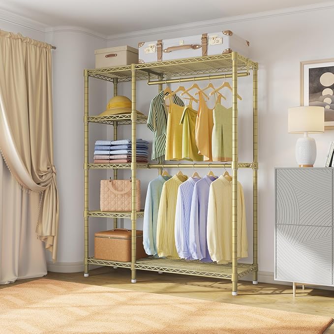 VIPEK V7 Garment Rack with Shelves Portable Closet for Hanging Clothes | 5 Tiers Adjustable Wire Shelving, Double Hanging Rods, 670lbs Metal Closet System, Space-Saving Storage for Apartment,Gold