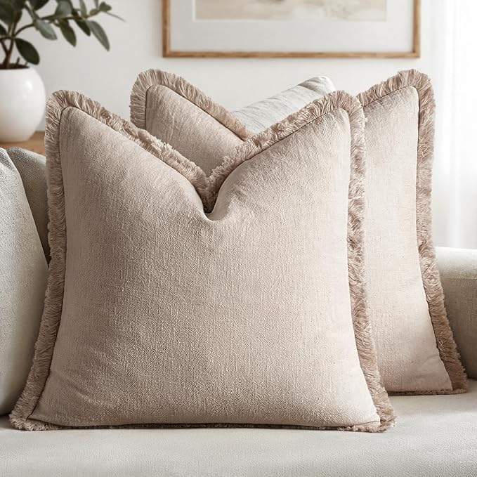 MIULEE Boho Natural Linen Fringe Decorative Throw Pillow Covers 16x16 | Set of 2, Cottagecore Decor, Boho Farmhouse Neutral Pillow Covers, Rustic Couch Cushion Cases for Sofa Bed Living Room