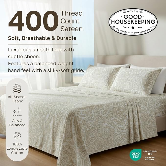 California Design Den 100% Cotton Sateen King Sheets Deep Pocket Set, Beige | 400 Thread Count Backed by Good Housekeeping Seal, 16" Deep Pocket, All-Around Elastic, Easy Care - Paisley Beige Print