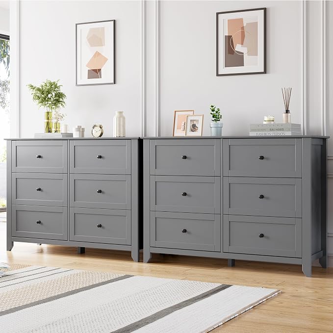 Garvee Grey 6-Drawer Dresser for Bedroom, 41.7" L Entryway Storage Drawers | Modern Lacquered Chest of Drawers, 15.8"D x 41.7"W x 31.5"H, Storage Dresser with Deep Drawers for Hallway Entryway