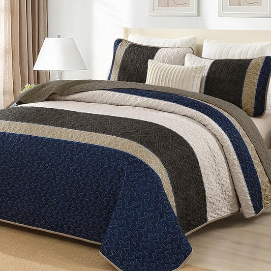 Cottolester Quilt Set King,Brown Blue Striped Plaid Bedspread Coverlet Set | Lightweight Coverlet Set with 2 PillowShams,All Seasons Microfiber Boho Quilt Bedding Sets for Bedroom Guest Room 110"x90"