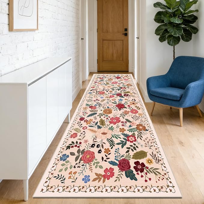 Washable 2' x 6' Runners for Hallways, Non Slip Long Floor Runner for Kitchen, Entryway Indoor, Stain Resistant Rubber Backing Floral Decor Rug (Beige Red)
