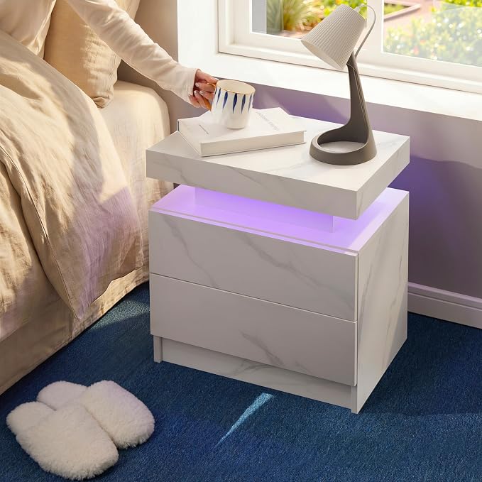 i-aplus White Modern LED Nightstand Set of 2 with 2 Wood Drawer for Bedroom | Nightstands with App-Controlled RGB LED Lights, Night Stand with Storgae Drawer, Modern Bedside Table for Bedroom