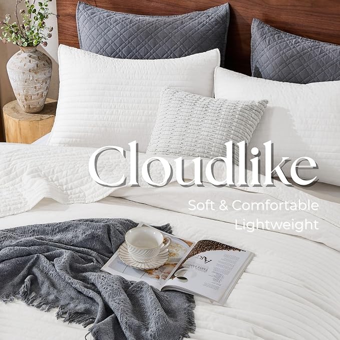DOWN HOME Cali King Quilt Bedding Set with Shams, Vintage Washed Quilted Blanket Thin Comforter Lightweight Bedspread Coverlet Bed Cover, Brushed Microfiber Stripe Stitching, Snow White, 111"x92"