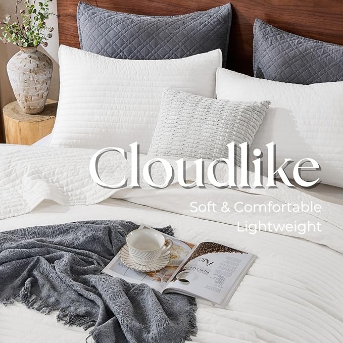 DOWN HOME King Quilt Bedding Set with Shams, Vintage Washed Soft Quilted Blanket Thin Comforter Lightweight Bedspread Coverlet Bed Cover, Brushed Microfiber Stripe Stitching, Snow White, 104"x90"