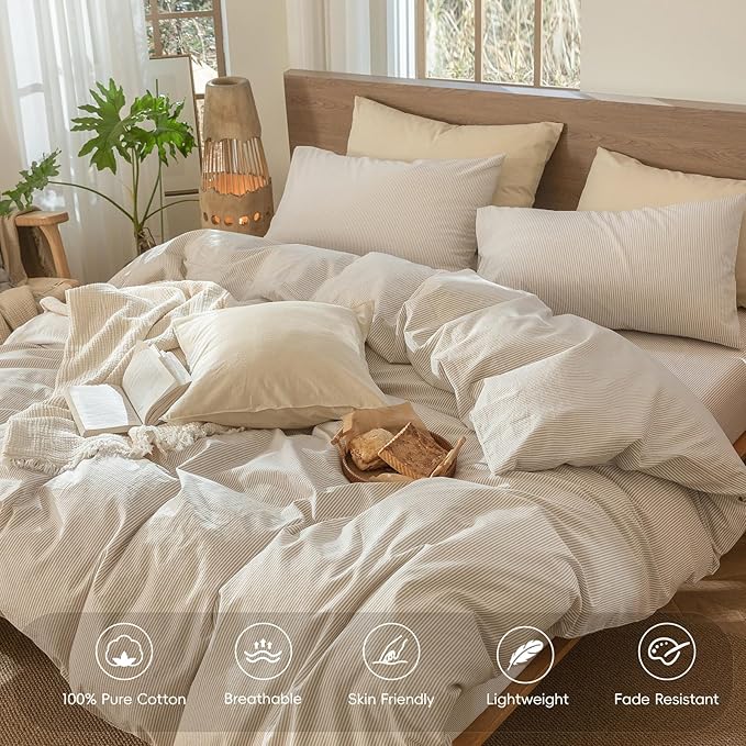 MooMee Striped Duvet Cover Set 100% Washed Cotton Linen Like Super King | Relaxed Linen-like Texture. Soft, Breathable & Long-lasting Comfort. Lightweight. Hidden Zipper with 8 Interior Corner Ties