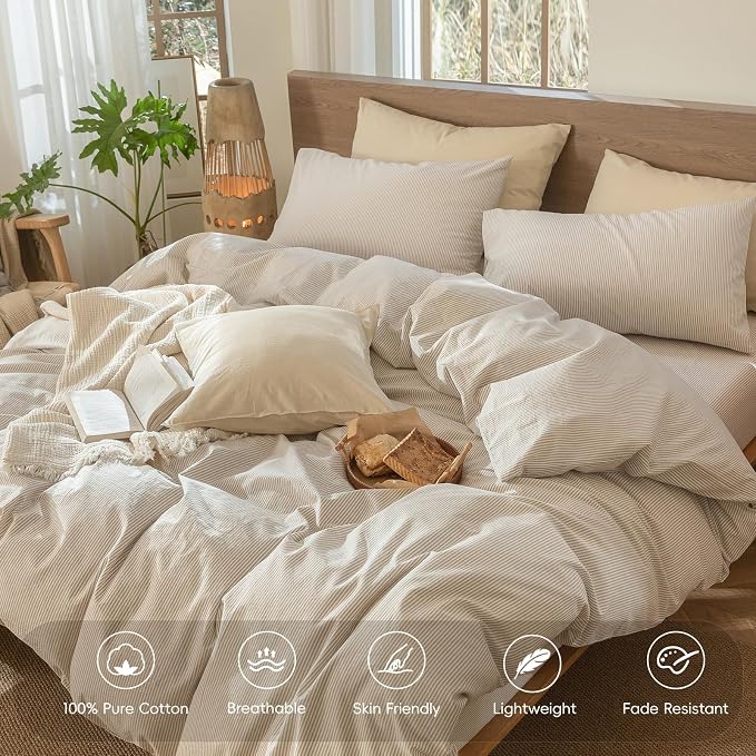 MooMee Striped Duvet Cover Set 100% Washed Cotton Linen Like Queen | Relaxed Linen-like Texture. Soft, Breathable & Long-lasting Comfort. Lightweight. Hidden Zipper with 8 Interior Corner Ties