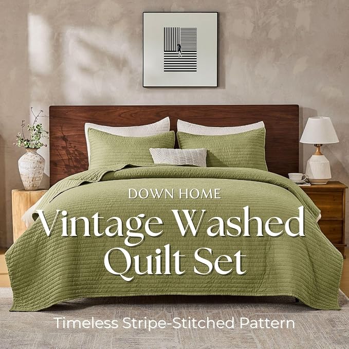 DOWN HOME Cali King Quilt Bedding Set with Shams, Vintage Washed Quilted Blanket Thin Comforter Lightweight Bedspread Coverlet Bed Cover, Brushed Microfiber Stripe Stitching, Golden Olive, 111"x92"