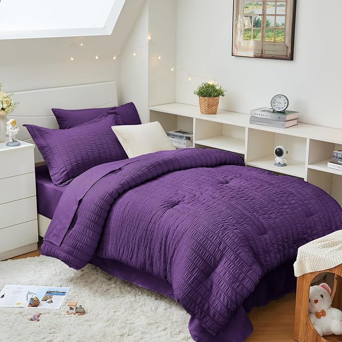 HYMOKEGE Dark Purple Twin XL Comforter Set Seersucker 5 Pieces, All Season Luxury Bed in a Bag for Bedroom, Bedding Set with Comforter, Sheets, Pillowcase & Sham