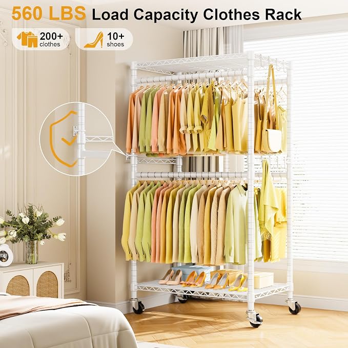 P4 Rolling Clothes Rack, Clothing Racks for Hanging Clothes, White | Heavy Duty Garment Rack with Wheels, 2-Tier Free Standing Portable Closet Racks 35.5''W × 20.5''D × 80.5''H, Max Load 560Lbs